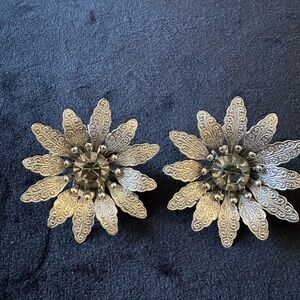 Vintage Judy Lee Silver Floral Crystal Clip-On Earrings